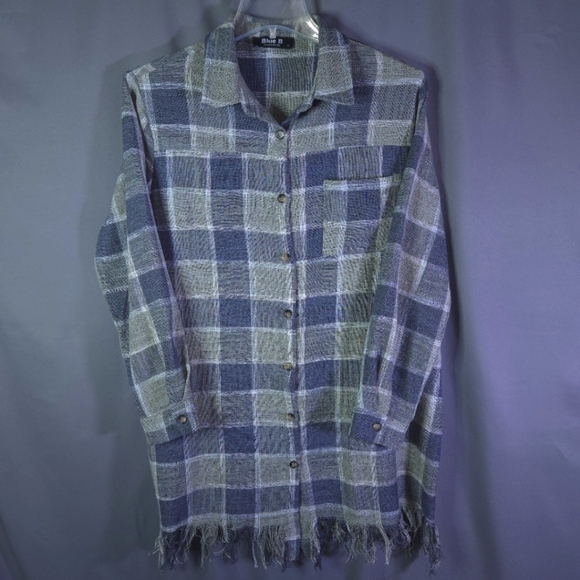 Blue B Collection Plaid Button Down Duster Dress Size Large Fringe Western Boho - Picture 1 of 8